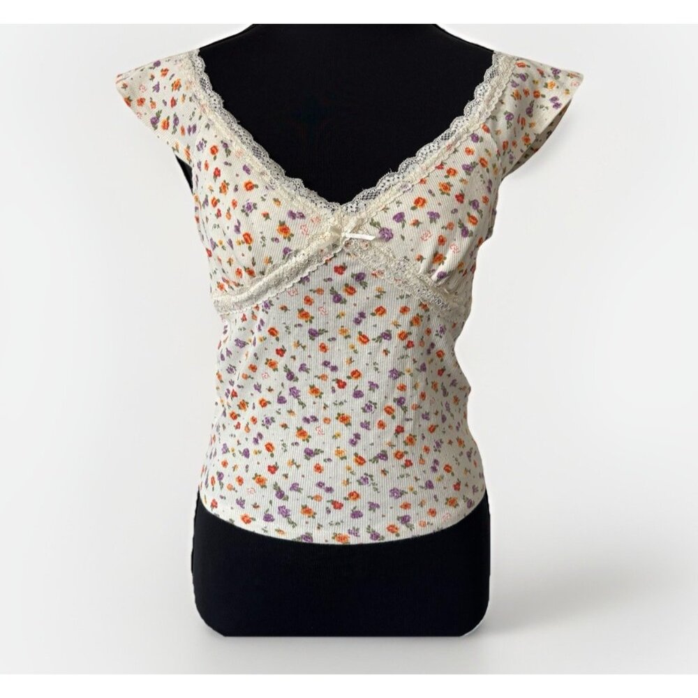 Milkmaid Top Size Medium Stitch & Pine Floral‎ Babydoll Floral Lace Bow Cottage